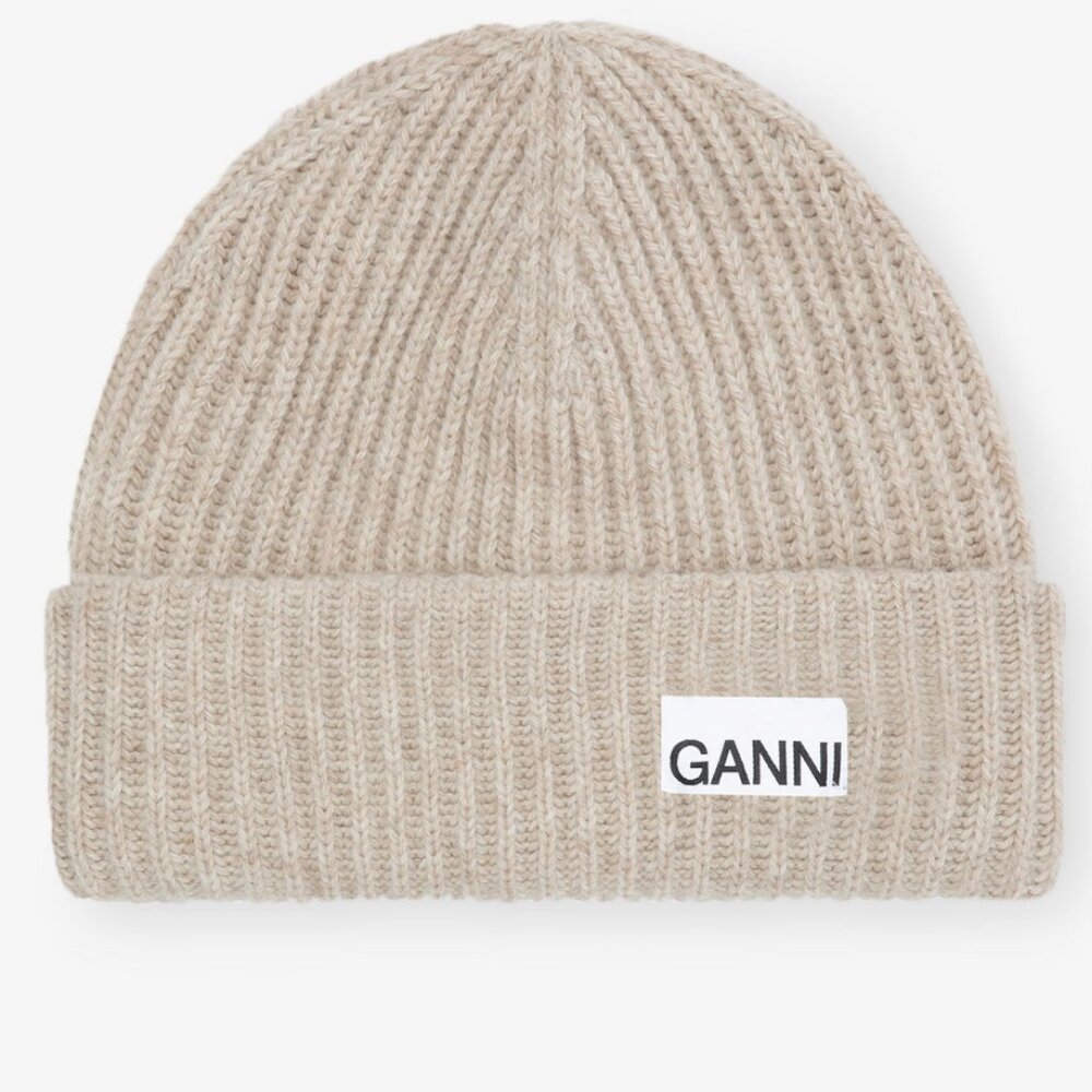 Ganni Sand Fitted Wool Rib Knit Beanie
